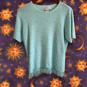 90s Vintage Chetta B Evening Heavy Beaded sea-green tassel top